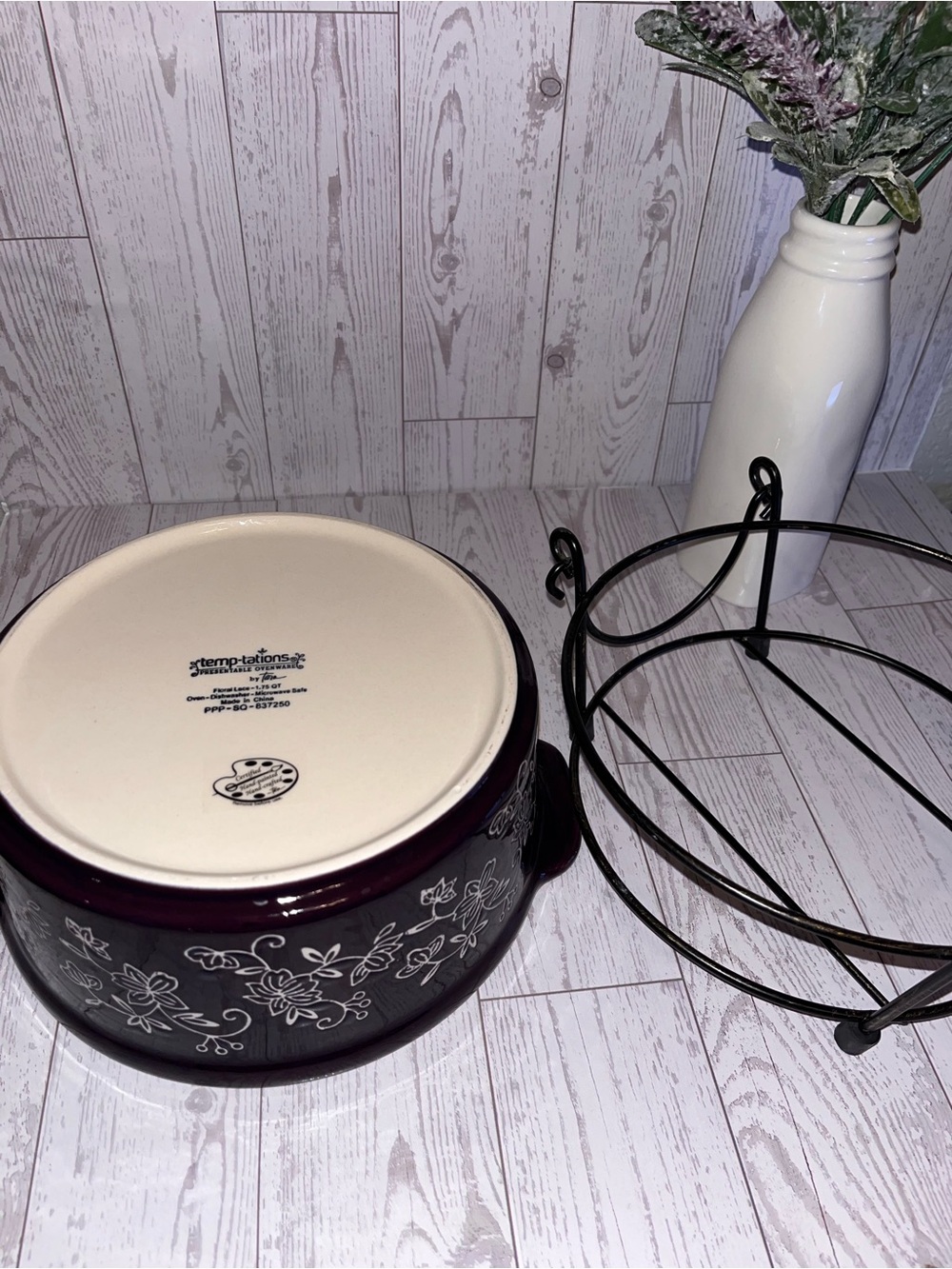 Temptations Purple and Cream Floral Ceramic Bowl with Black Metal Stand - Picture 8 of 10